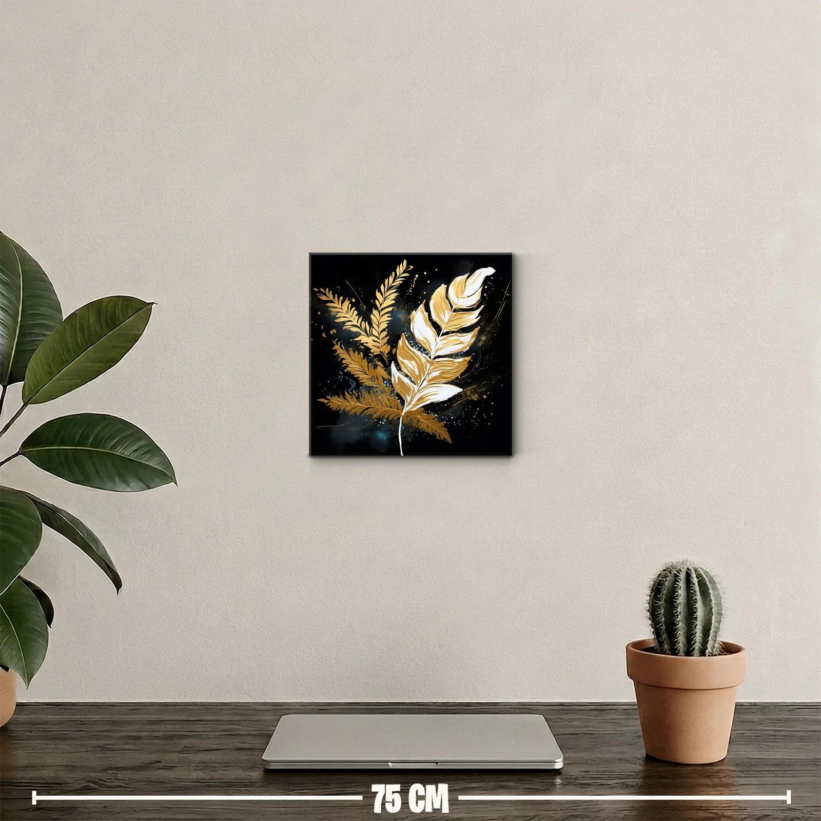 Cuadro decorativo hojas doradas sobre fondo negro elegante — miniatura 2