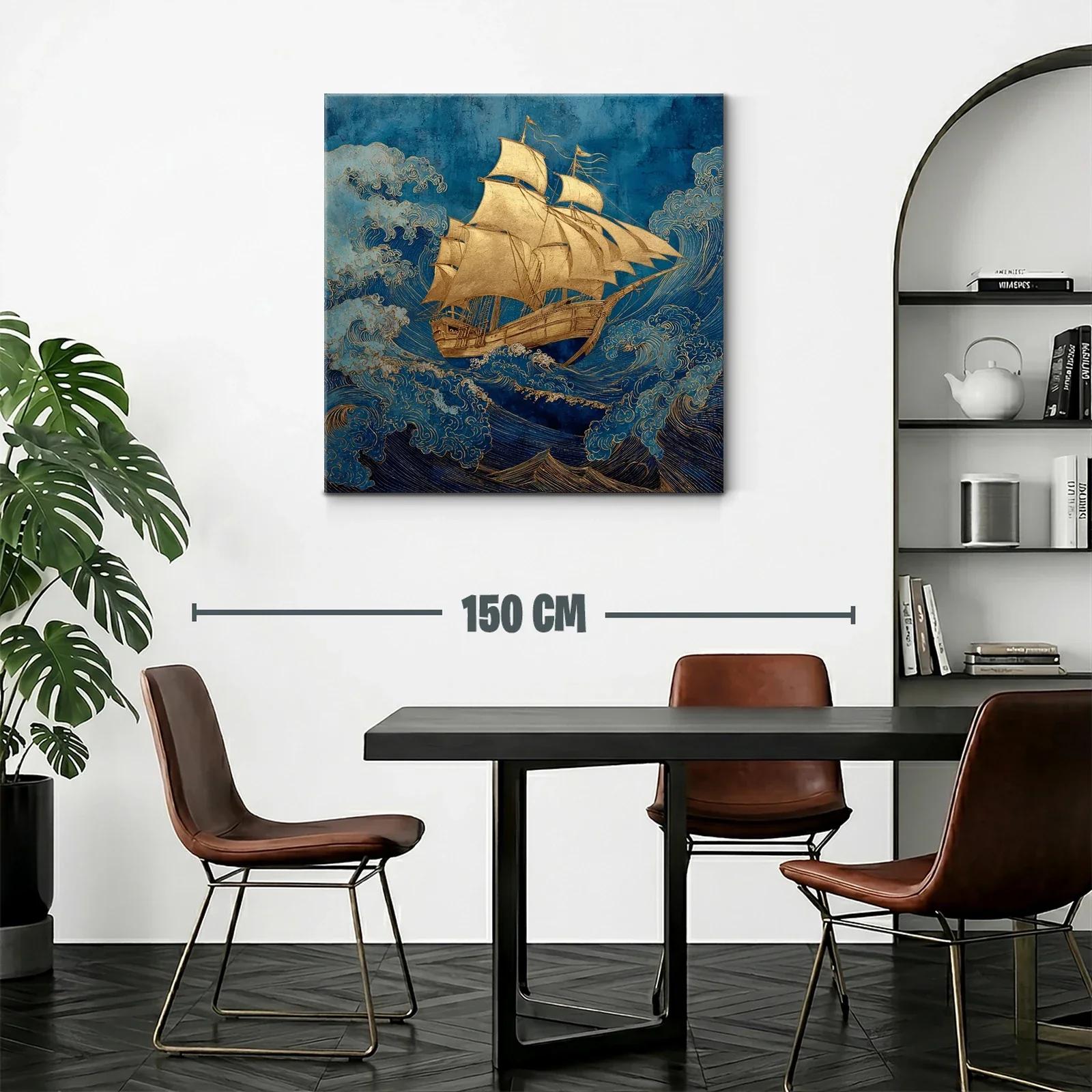 Barco dorado navegando entre olas en tonos azules — miniatura 2