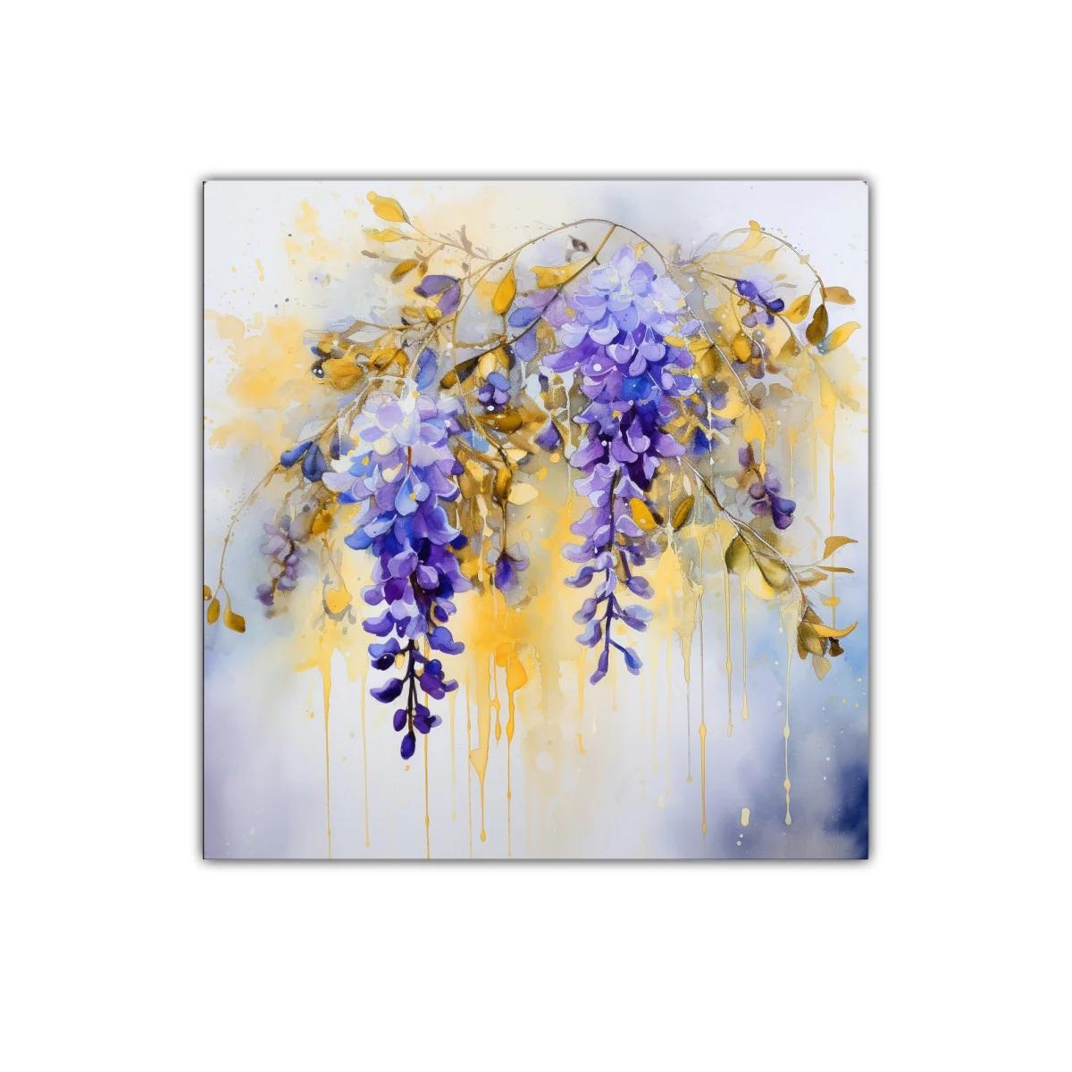 Cuadro con flores moradas y hojas en tonos dorados — imagen principal