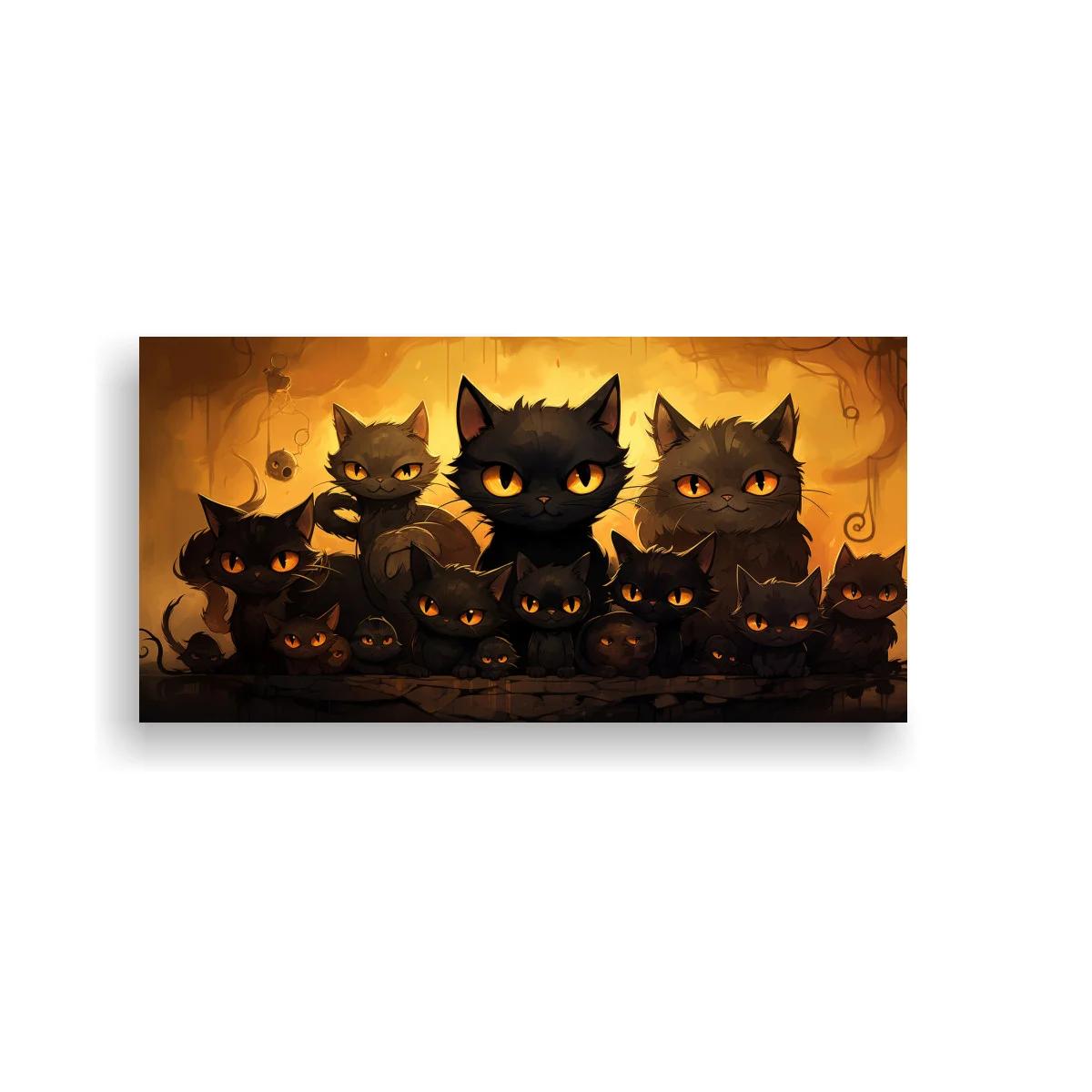 Cuadro grupo de gatos negros con luna dorada
