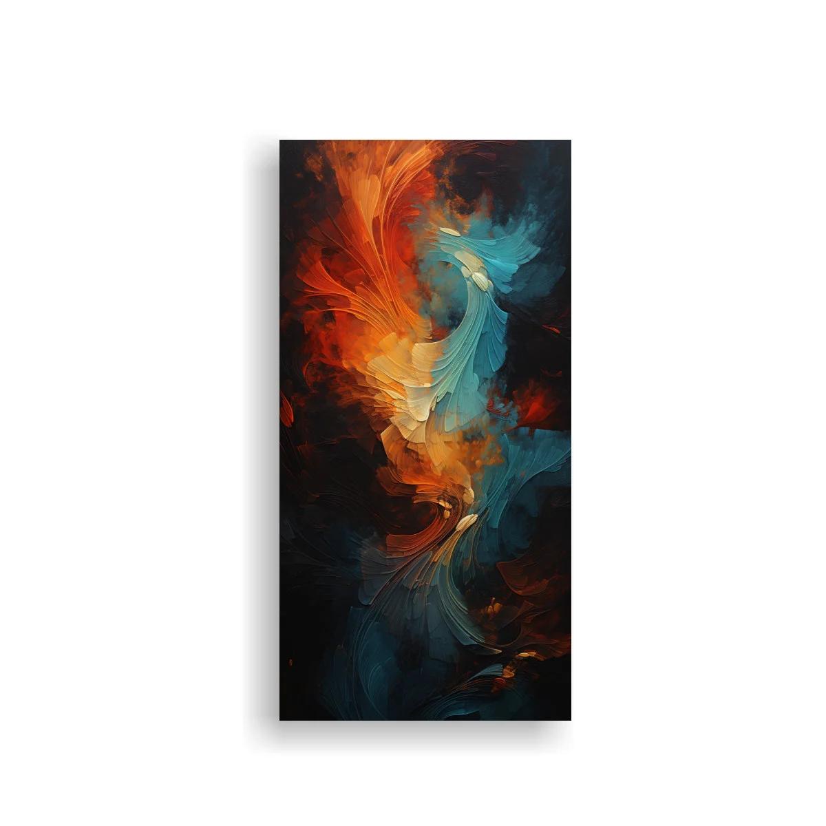 Cuadro de formas abstractas en remolino con naranja y turquesa