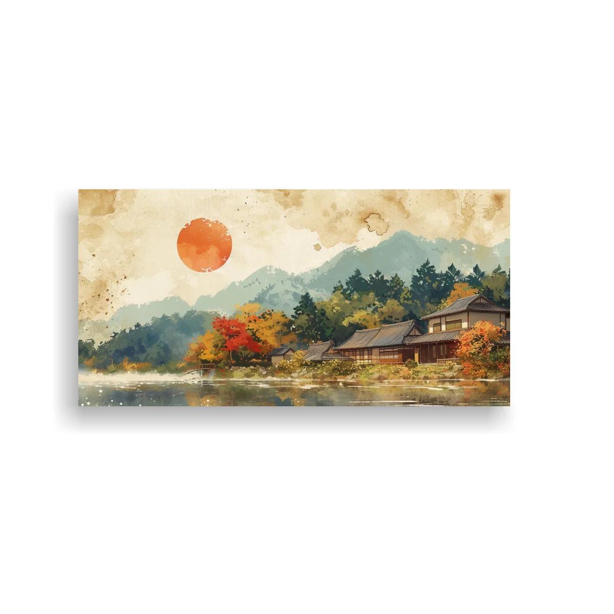 Cuadro paisaje de lago con casas japonesas y línea de bosque — imagen principal