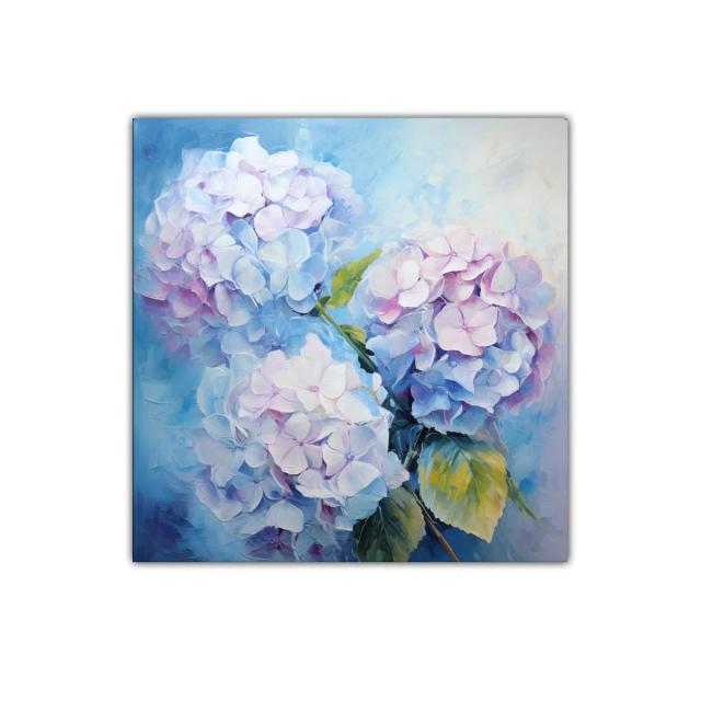 Cuadro decorativo con hortensias en tonos pastel y azules