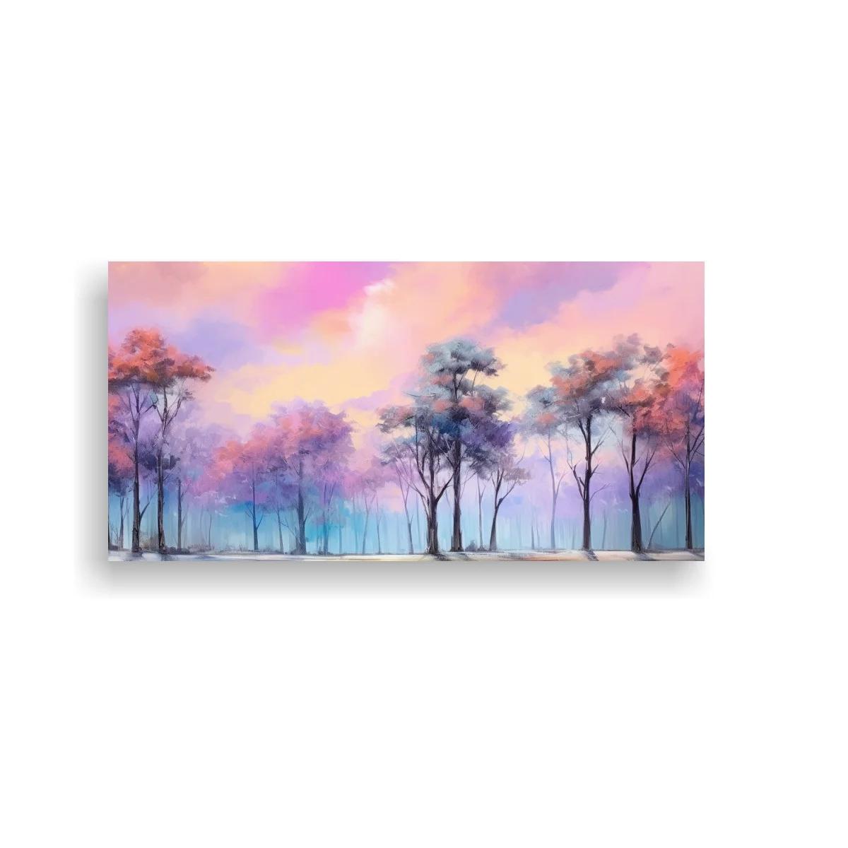 Cuadro bosque de árboles altos y delgados con cielo rosa y turquesa