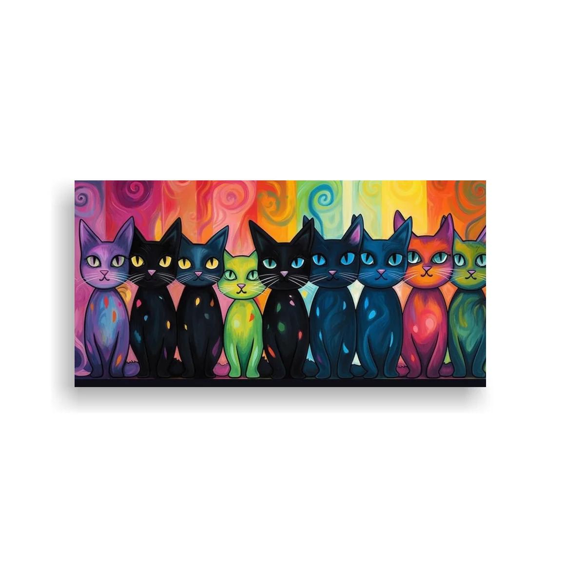 Cuadro fila de gatos de colores con fondo abstracto