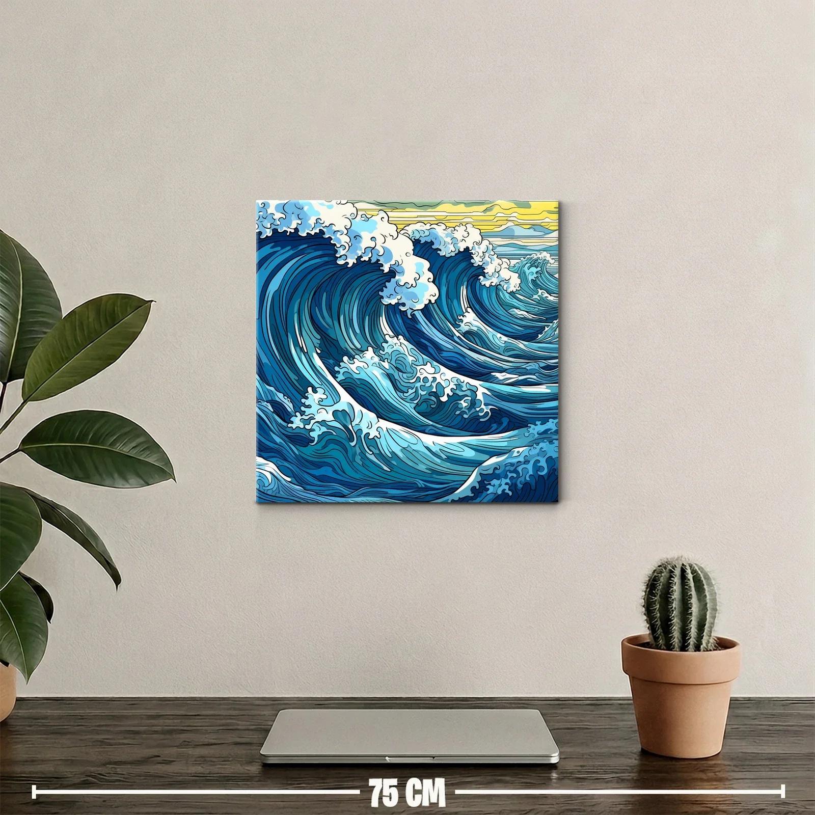 Vibrantes olas azules con espuma blanca y cielo amarillo — miniatura 2