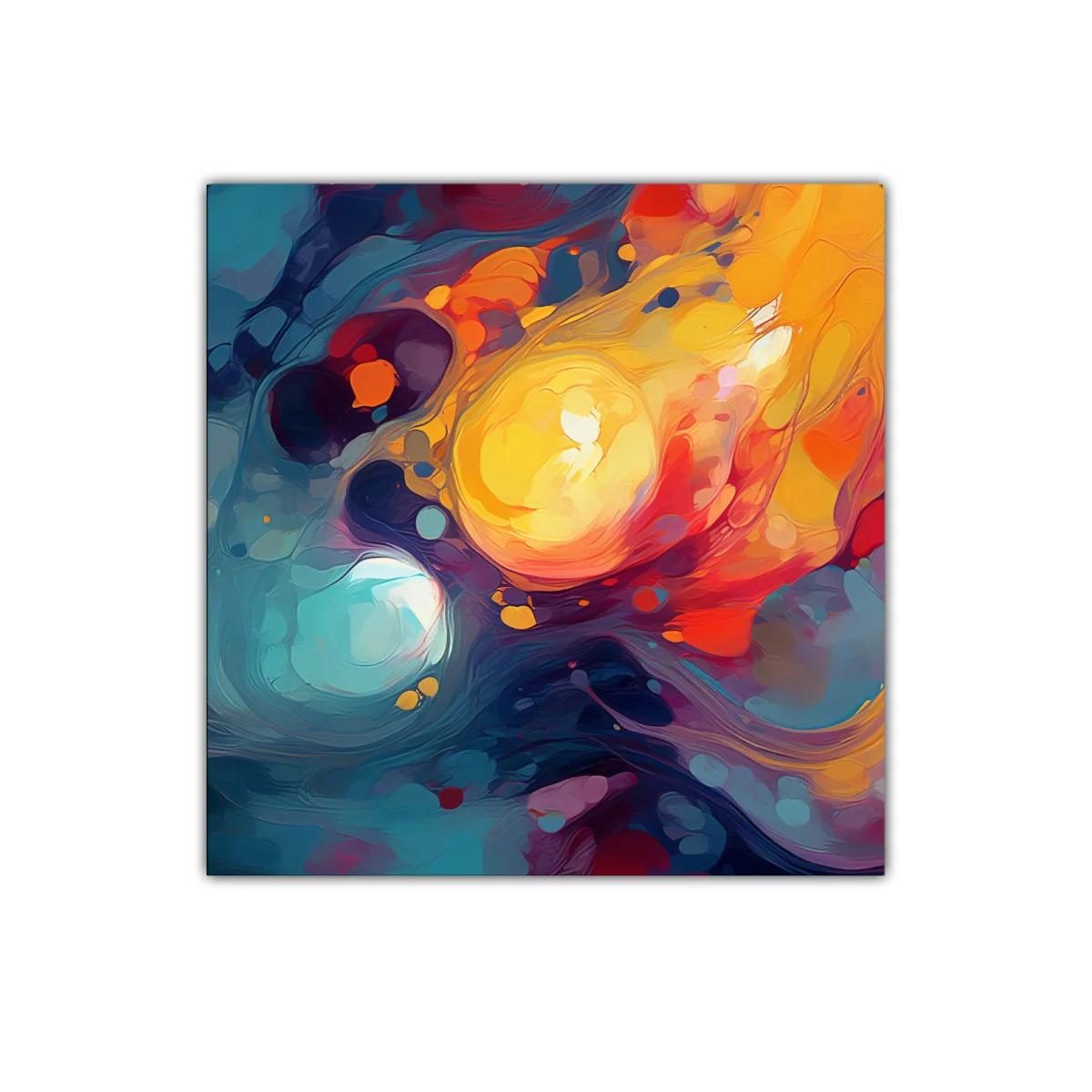 Cuadro abstracto con vibrantes tonos cálidos y fríos en movimiento