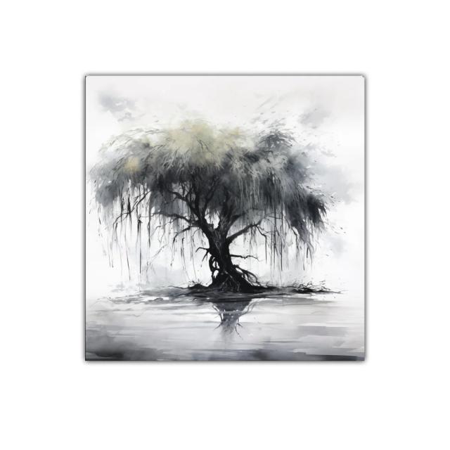 Árbol solitario con reflejo en tonos grises y suaves verdes