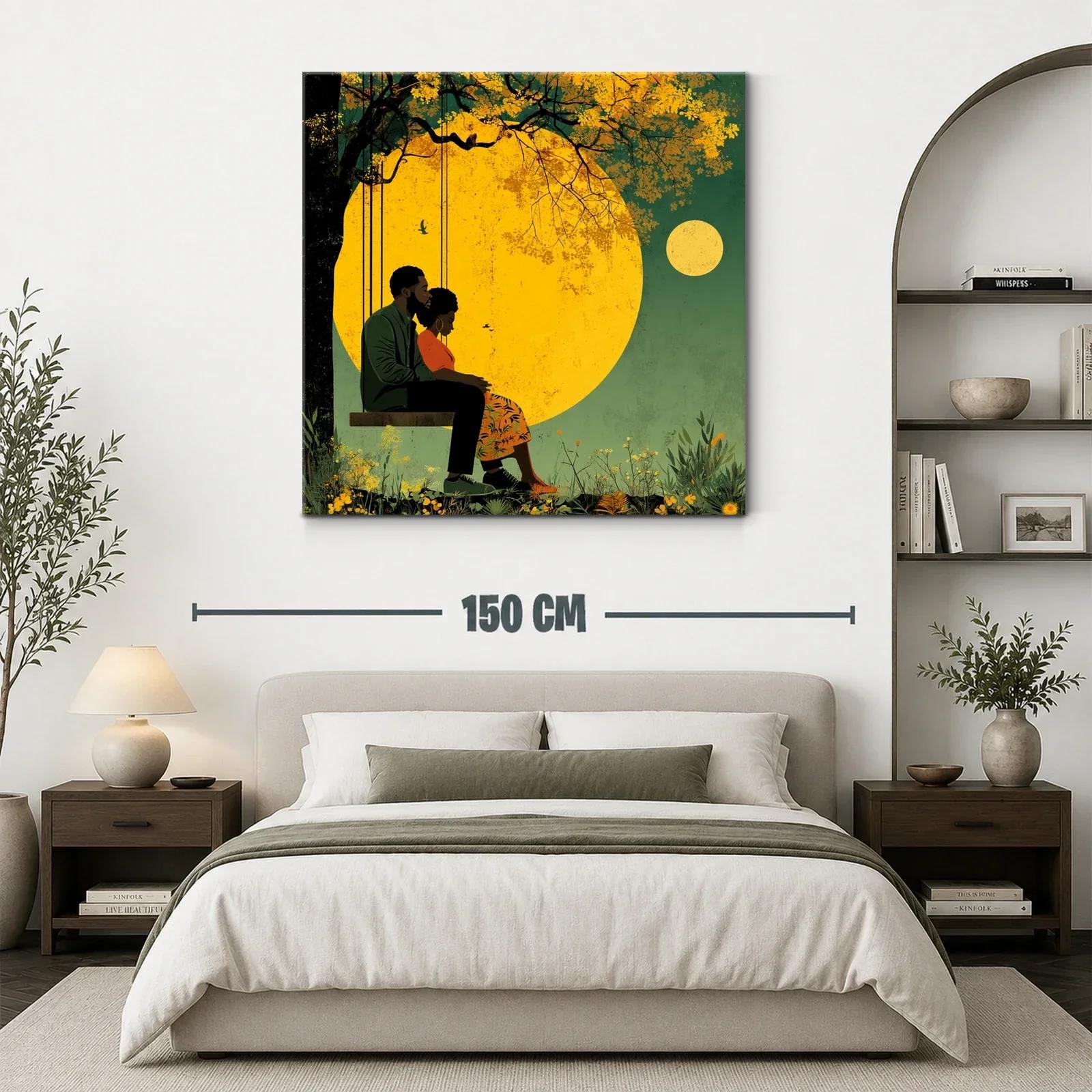 Cuadro romántico con pareja en columpio bajo luna llena — miniatura 3