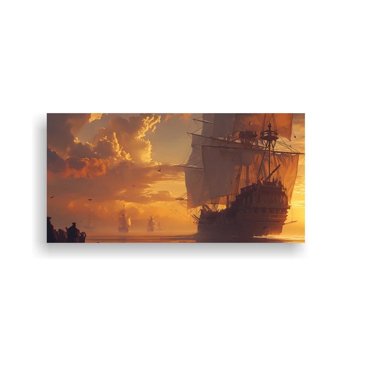 Cuadro barco de vela antiguo al atardecer dorado