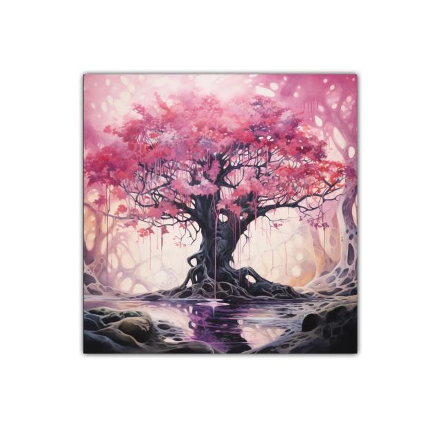 Árbol mágico con follaje rosa en paisaje onírico