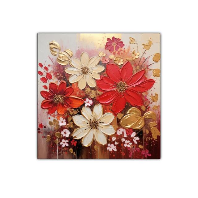 Cuadro floral vibrante con tonos rojos y dorados
