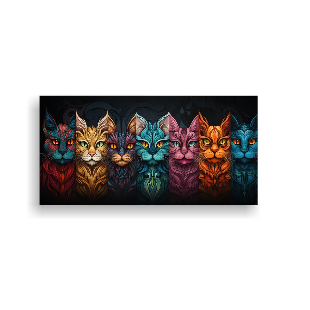 Cuadro grupo de gatos de colores en fila sobre fondo negro