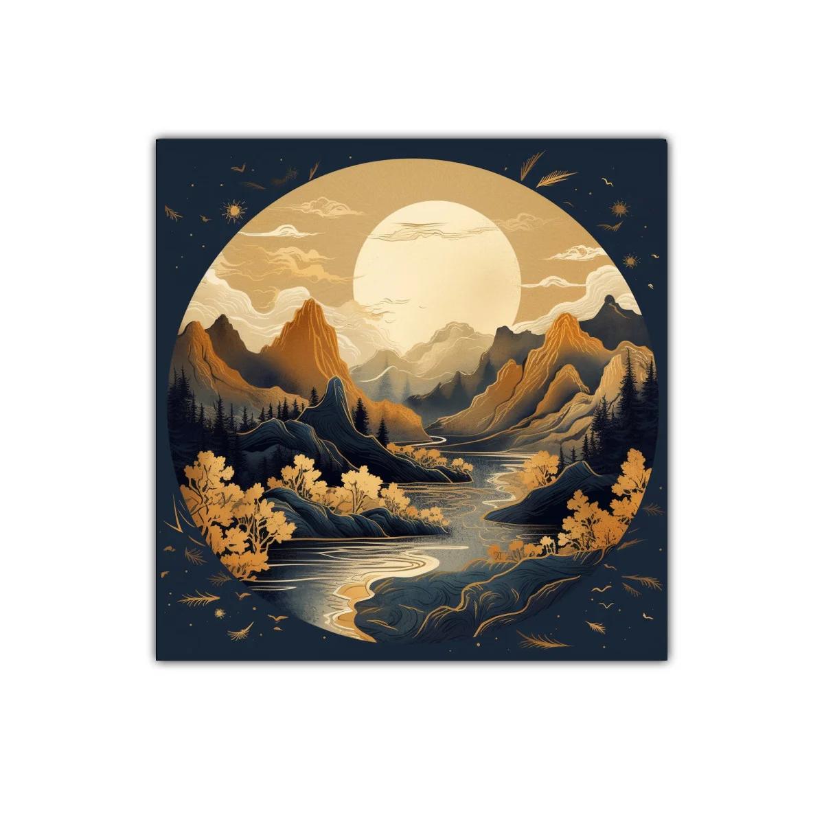 Paisaje Montañoso Bajo Luna Llena en Tonos Dorados — imagen principal