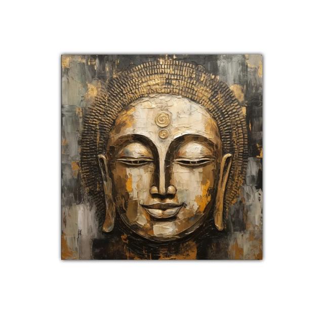 Rostro de Buda sereno con tonos dorados y grises