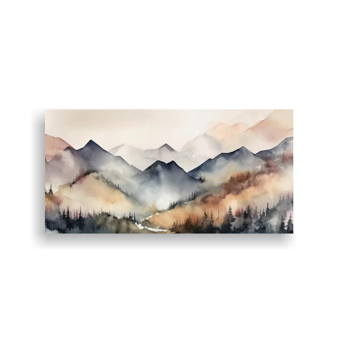 Cuadro cordillera de montañas con bosque y bruma