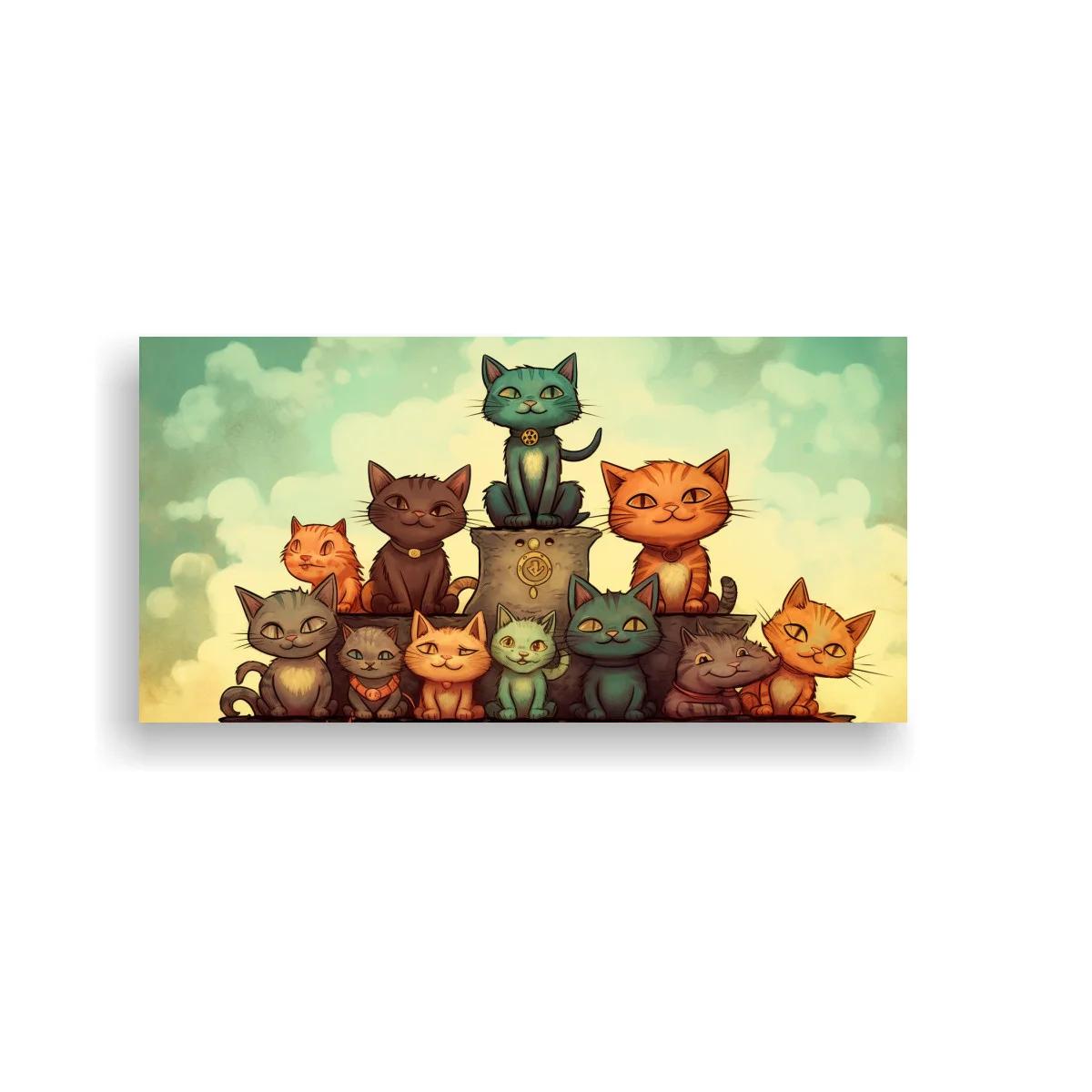Cuadro grupo de gatos sobre caja de madera