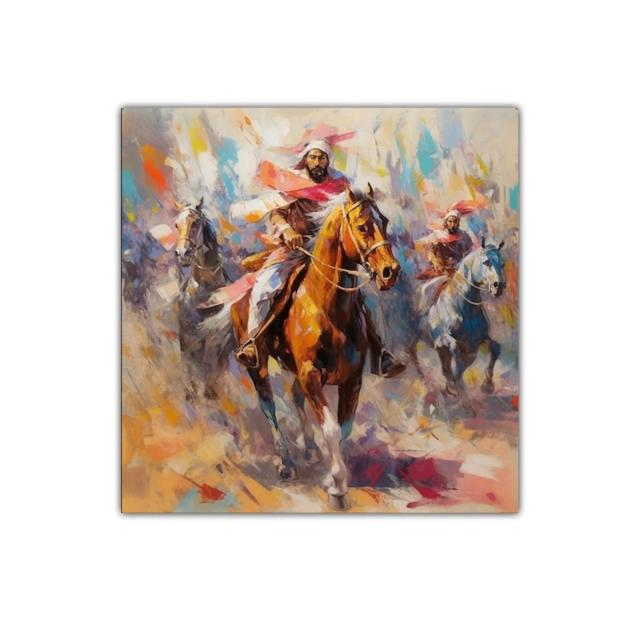 Cuadro con jinetes avanzando en escena vibrante y dinámica