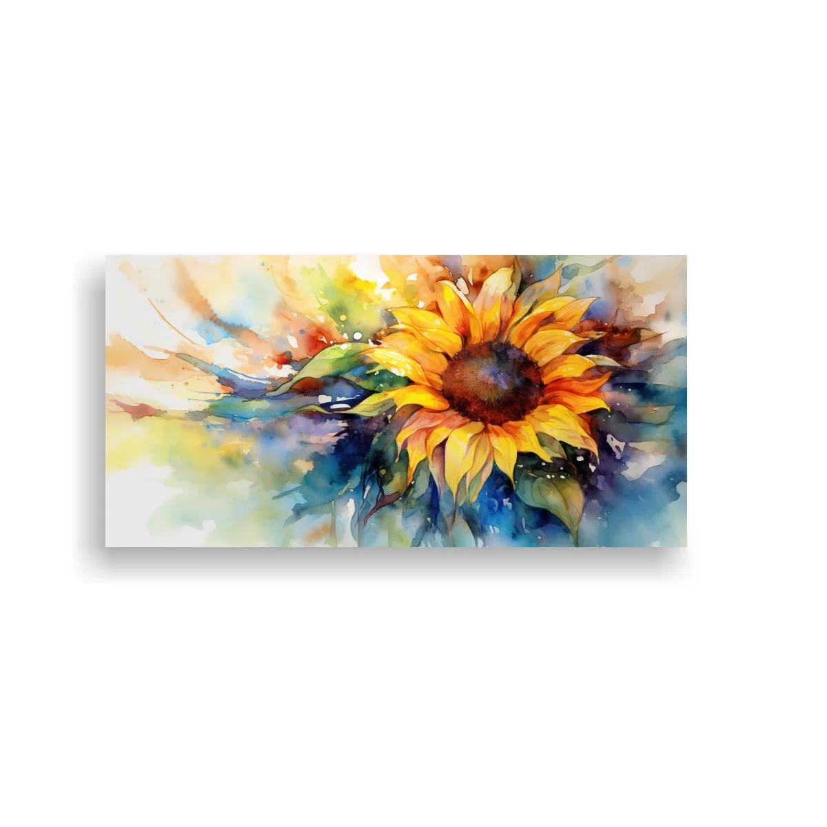 Cuadro girasol en acuarela con pinceladas azules y verdes
