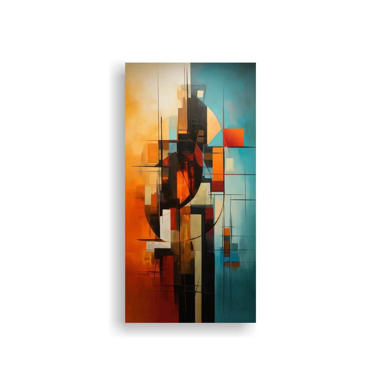 Cuadro abstracción arquitectónica en naranja y turquesa