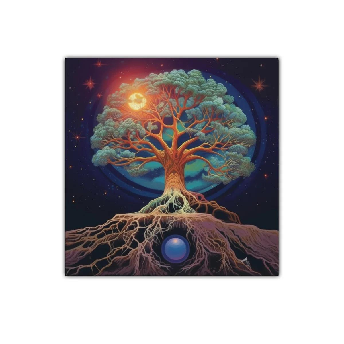Árbol de la vida cósmico con raíces y energía lunar