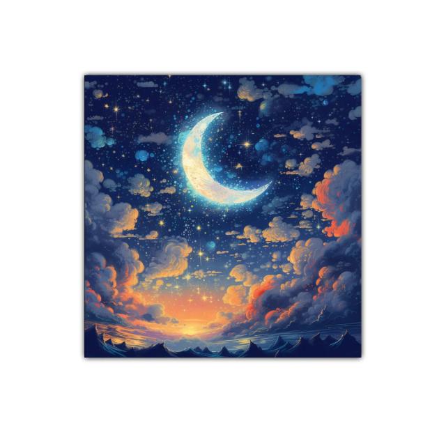 Cuadro celeste con luna creciente y cielo estrellado colorido