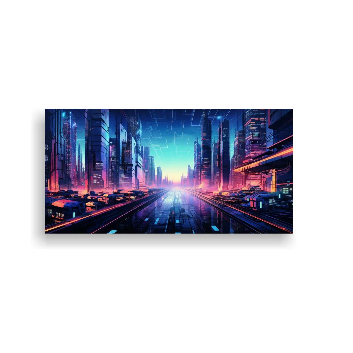 Cuadro ciudad futurista neón con avenida recta