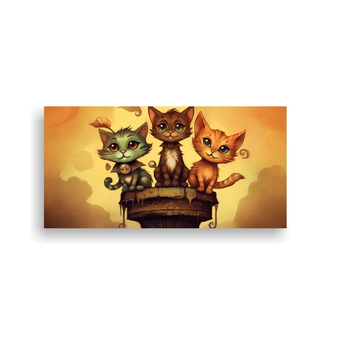 Cuadro tres gatos caricaturescos sobre pedestal