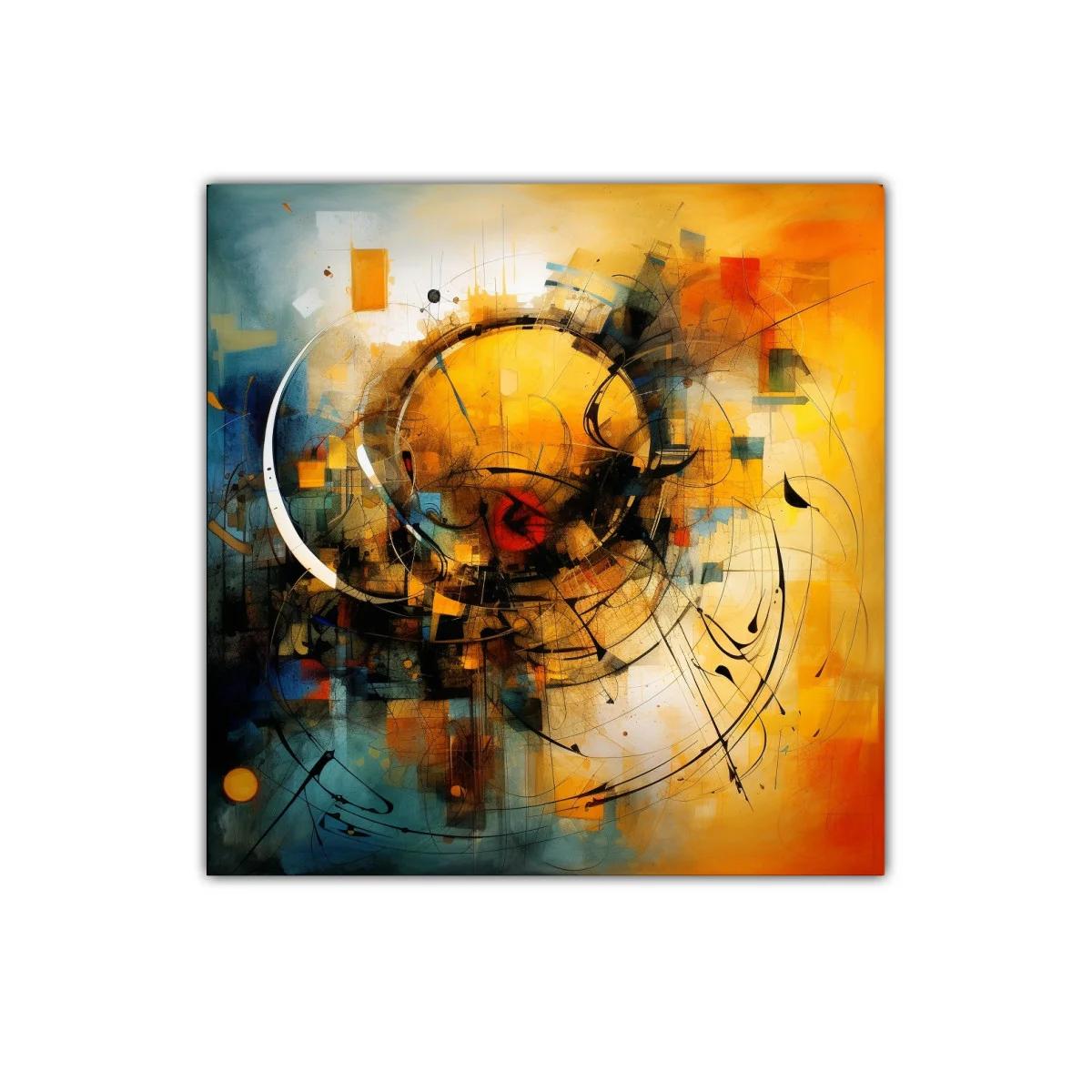 Cuadro abstracto con formas circulares y tonos cálidos y fríos — imagen principal