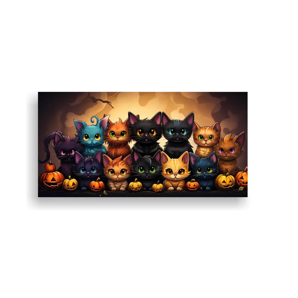 Cuadro grupo de gatos con calabazas de Halloween y luna grande — imagen principal