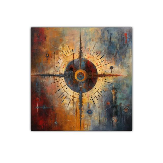 Cuadro abstracto con diseño circular en tonos cálidos y fríos