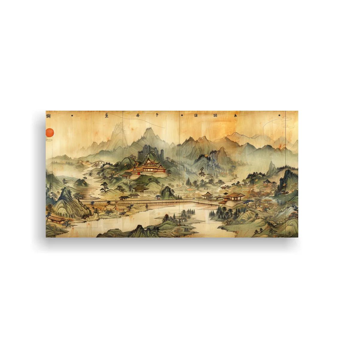 Cuadro paisaje montañoso chino con caligrafía y sellos rojos