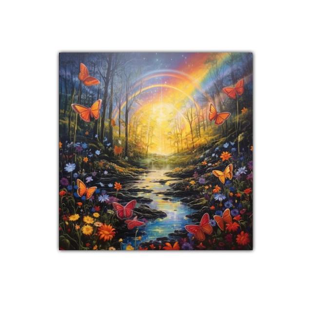 Bosque mágico con mariposas y arcoíris irradiantes