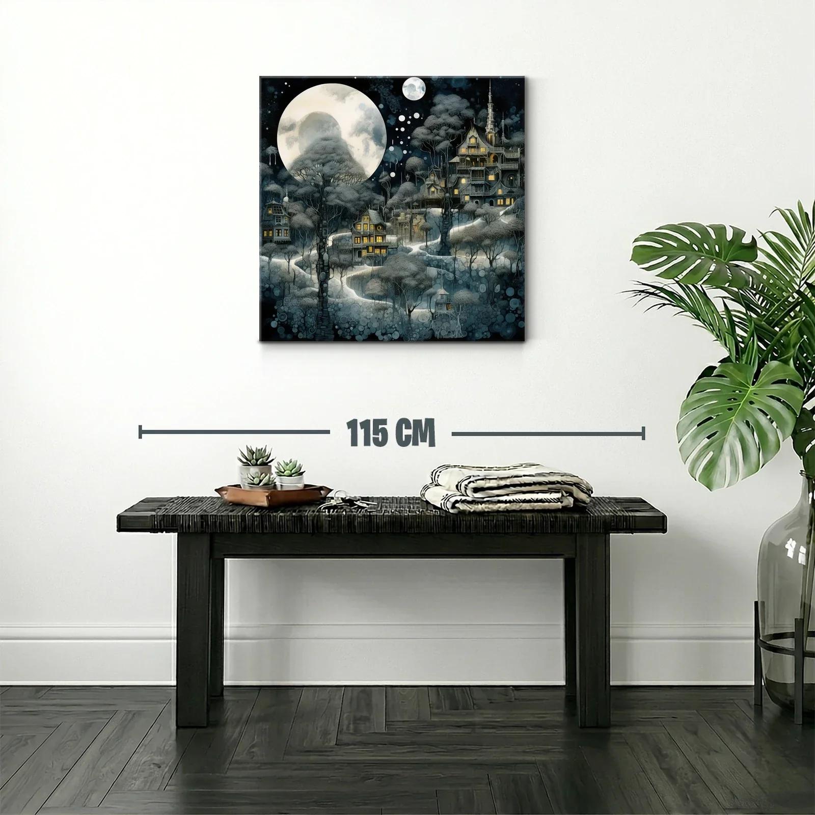 Pueblo encantado bajo la luna llena y árboles del bosque — miniatura 2