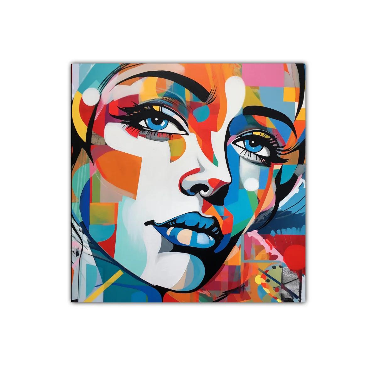 Retrato femenino vibrante con colores intensos y formas geométricas