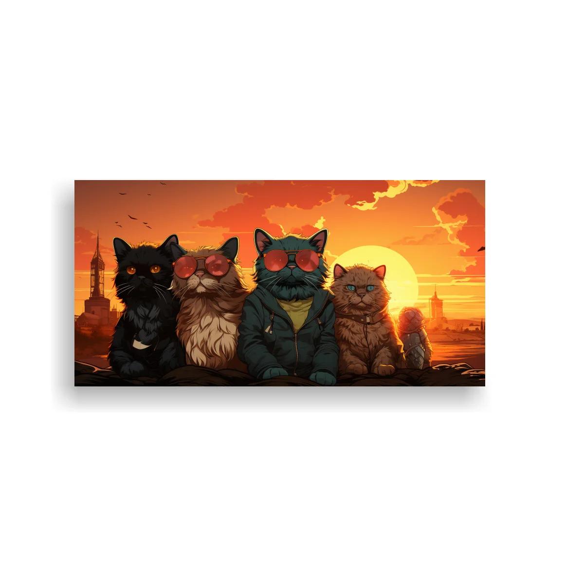 Cuadro grupo de gatos con gafas de sol y skyline al atardecer