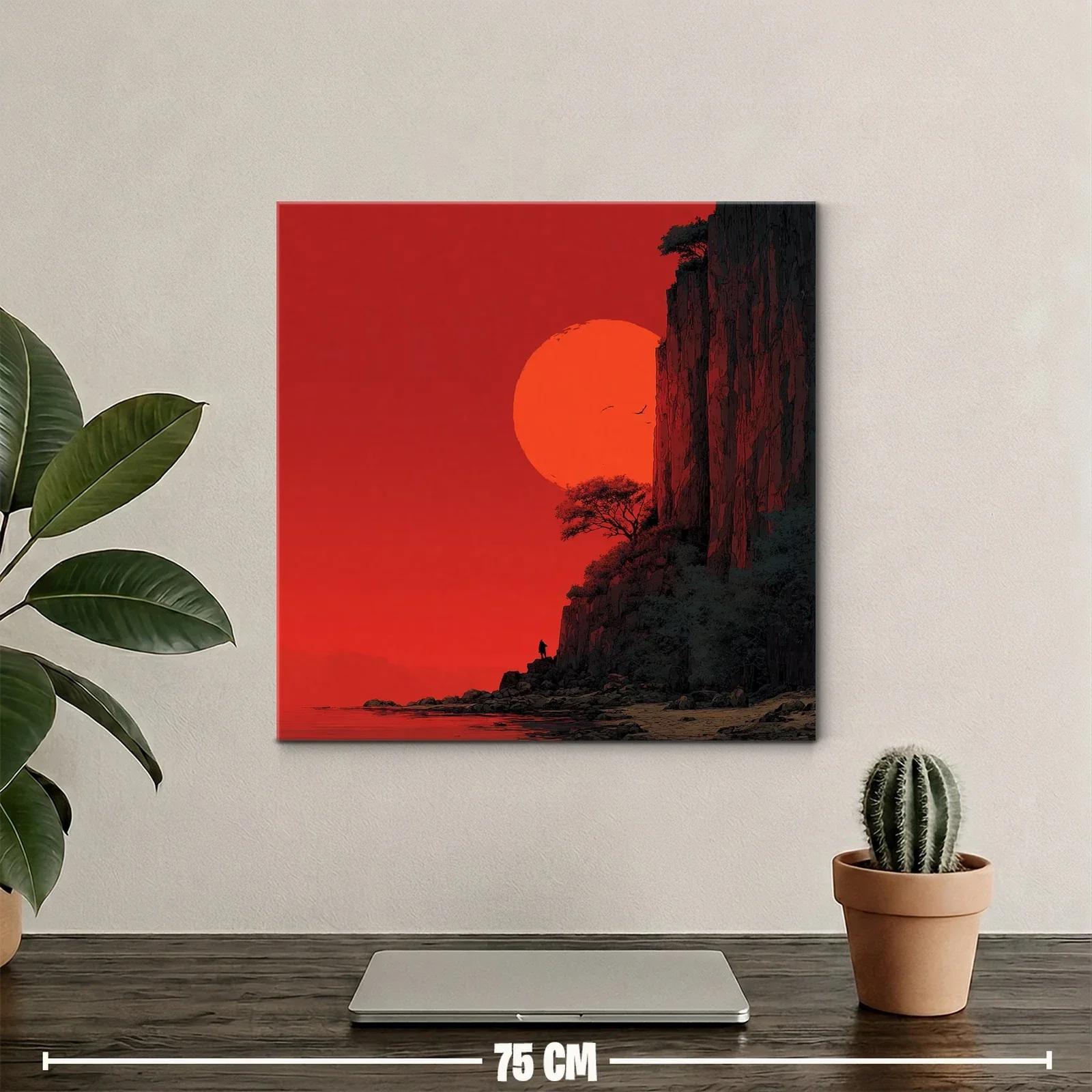 Paisaje dramático con sol rojo y acantilados rocosos — miniatura 2
