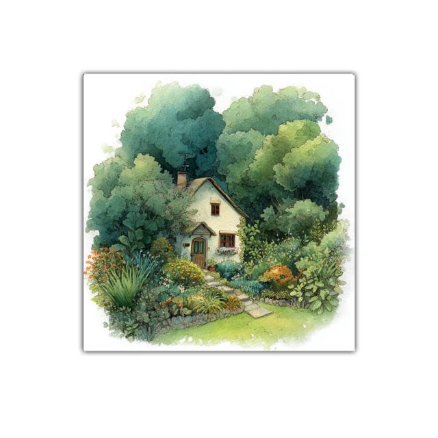 Paisaje de casa rural rodeada de jardín exuberante