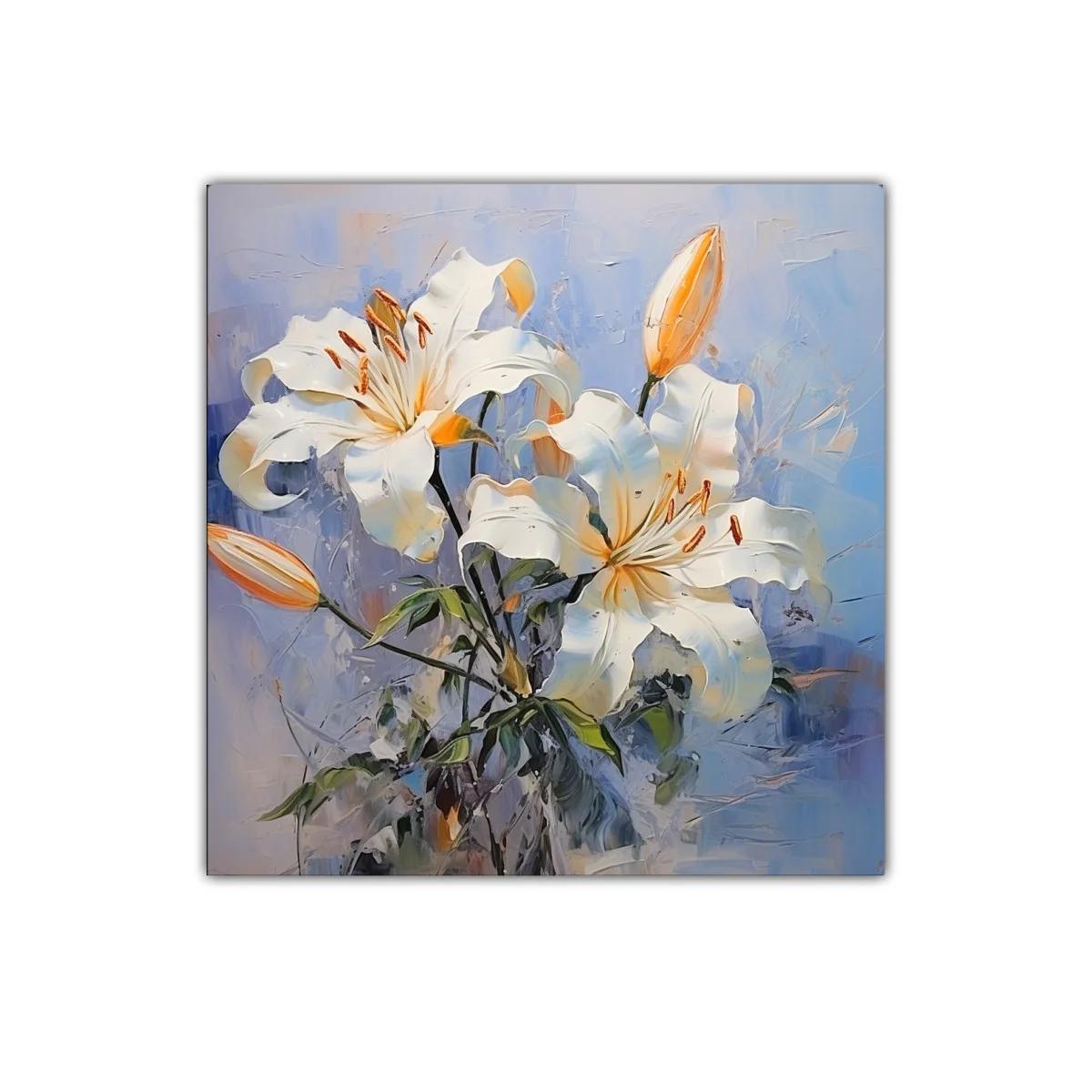 Flores blancas sobre fondo azul con detalles cálidos