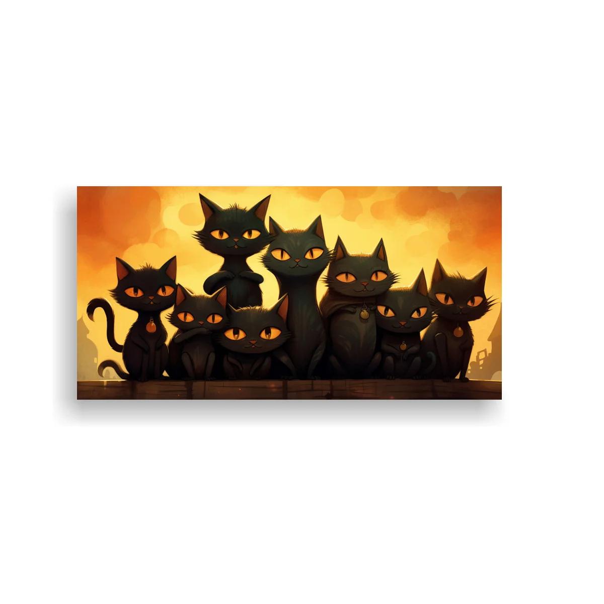 Cuadro grupo de gatos negros con ojos luminosos