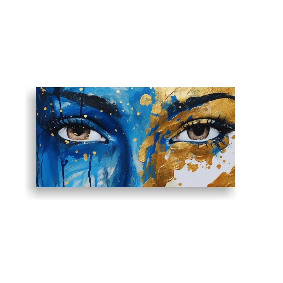 Cuadro rostro femenino con pintura azul y dorada y cejas marcadas