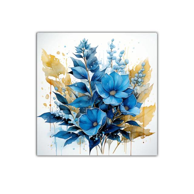 Floral azul intenso con hojas doradas vibrantes