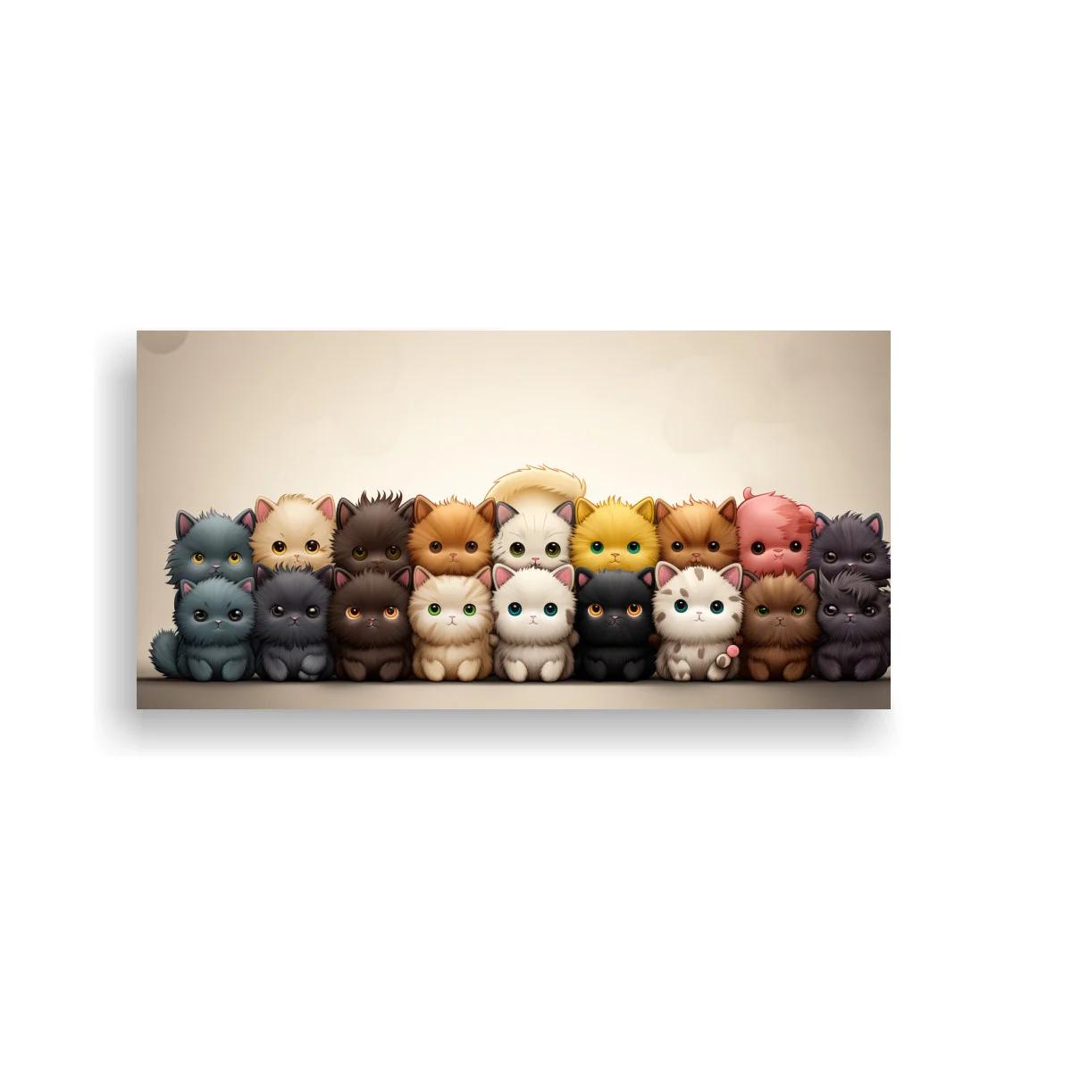 Cuadro fila de gatitos kawaii con corona de flores