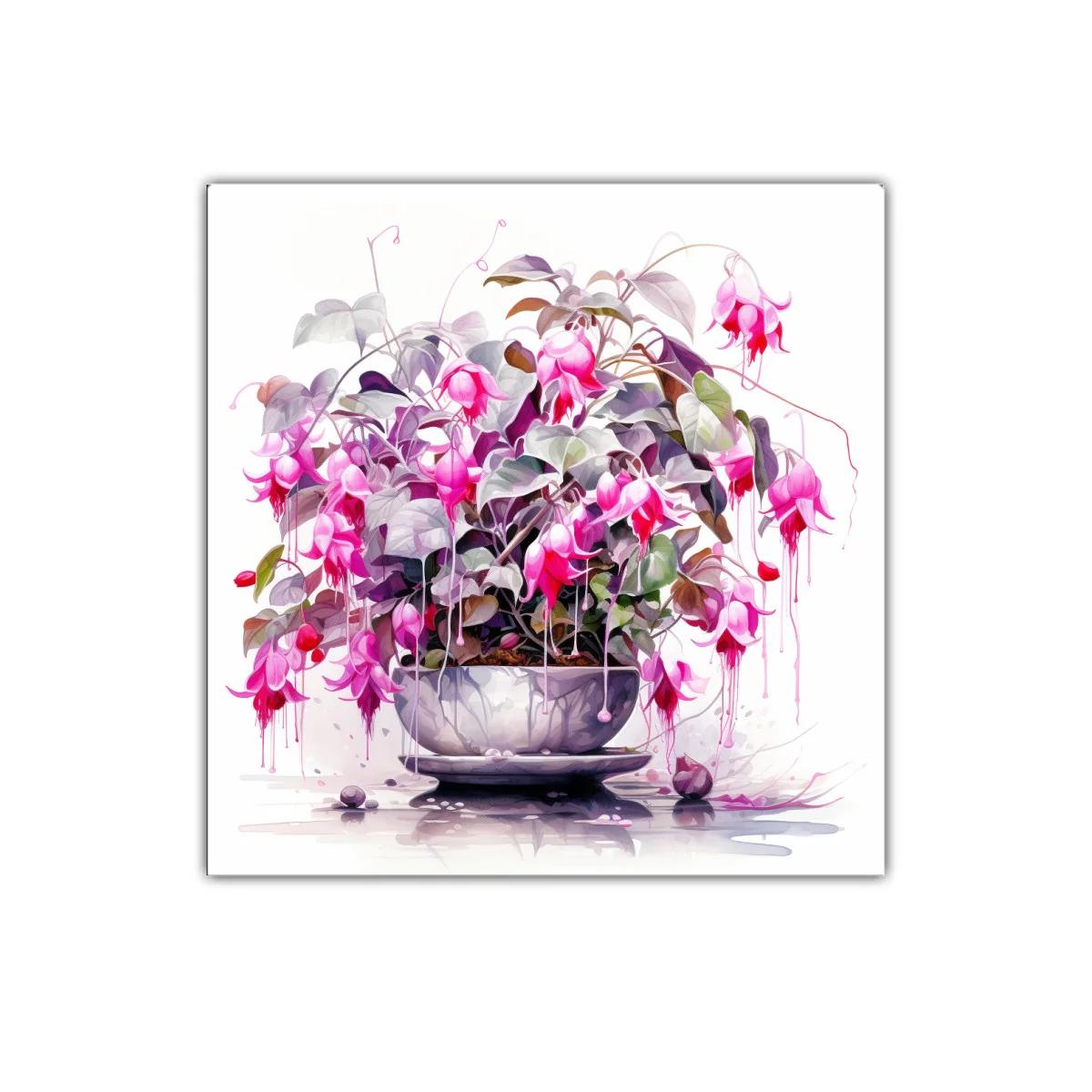 Cuadro decorativo con flores fucsias y hojas grises en maceta — imagen principal