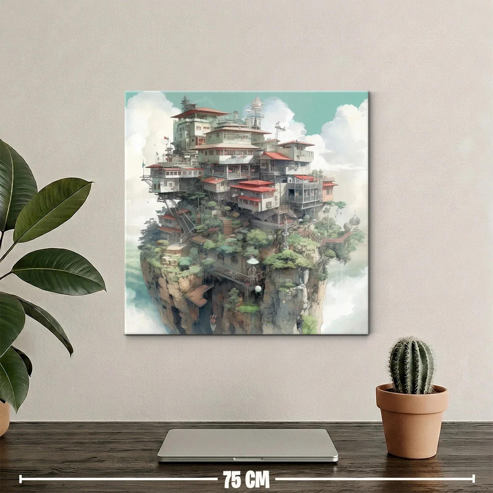 Escenario flotante con casas en tonos verdes y rojos — miniatura 2