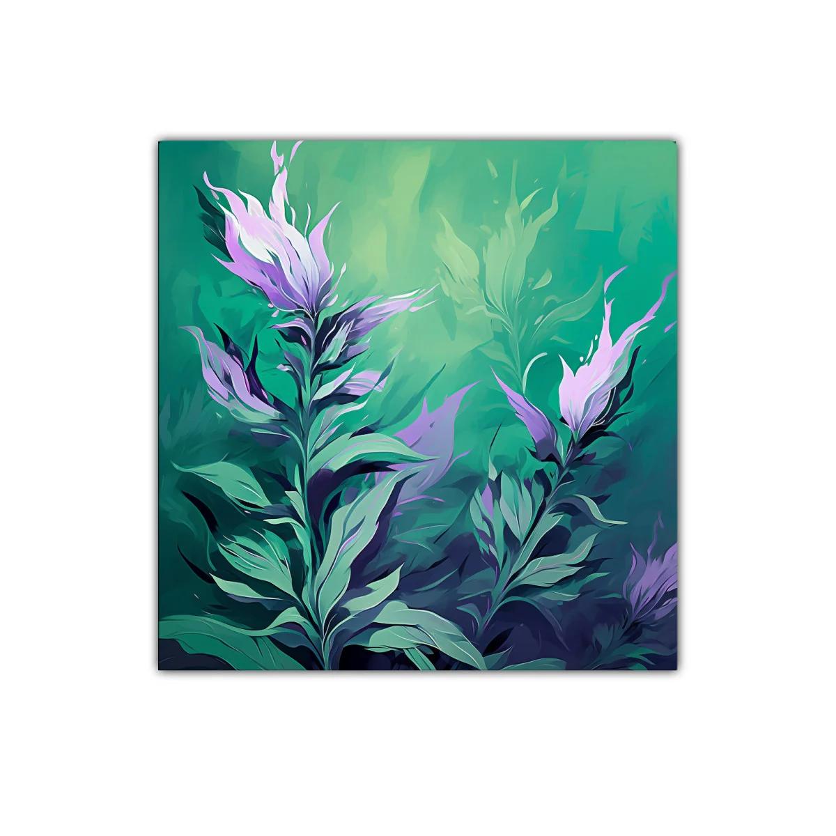 Cuadro decorativo con flores abstractas en tonos verdes y lilas — imagen principal