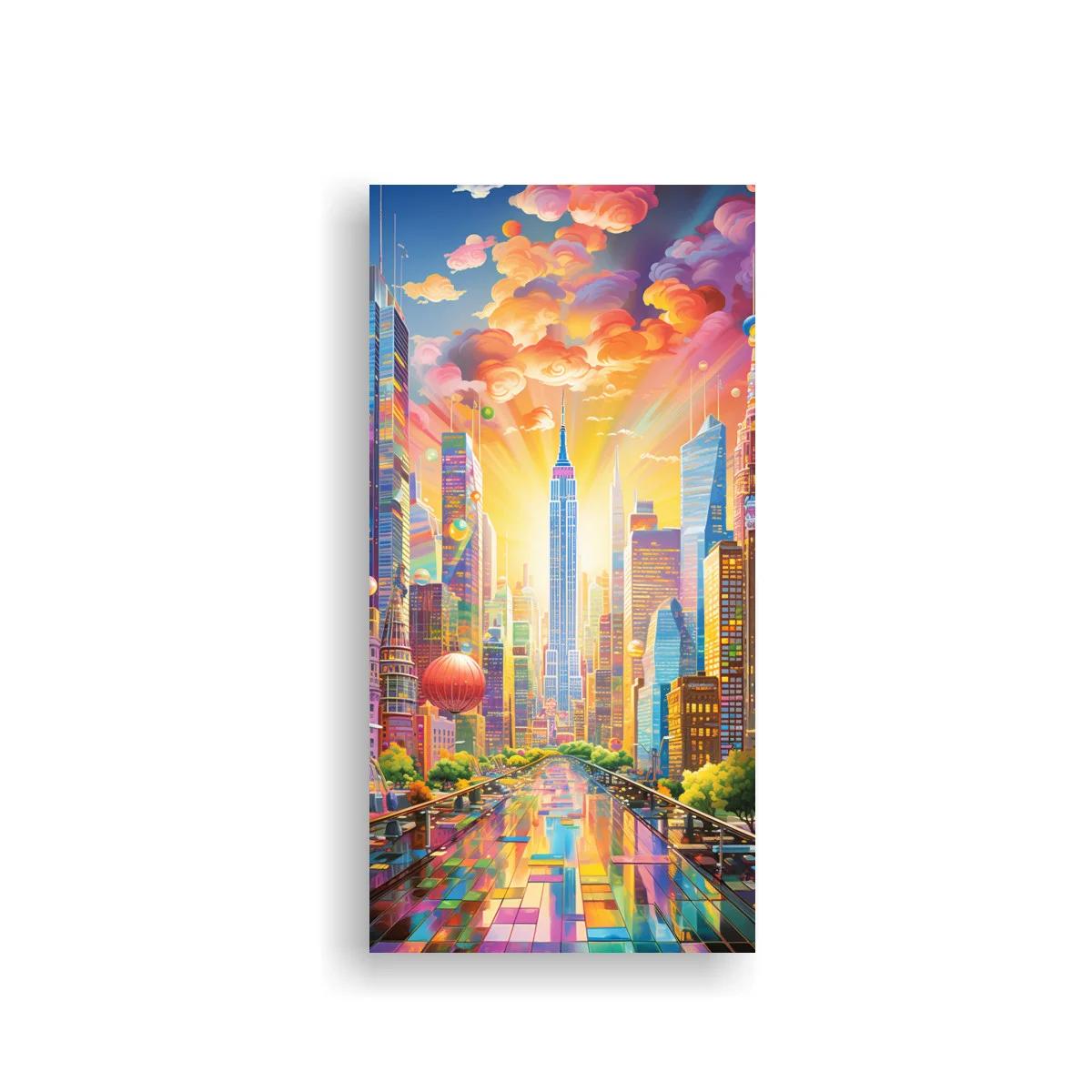 Cuadro skyline urbano con torre central y reflejos al atardecer