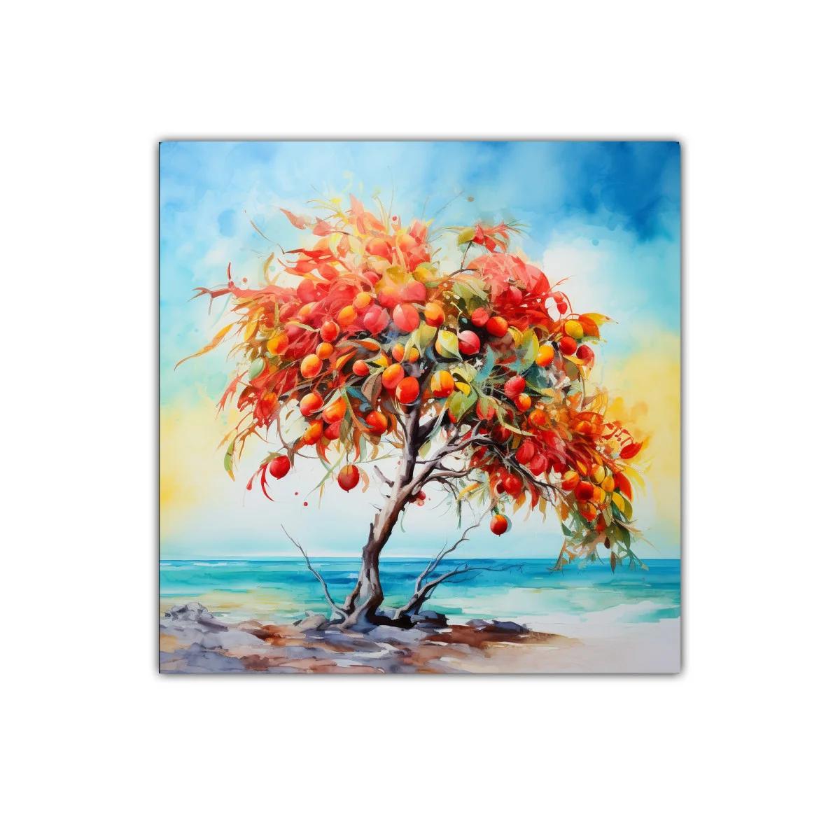 Árbol frutal vibrante junto al mar en tonos cálidos — imagen principal