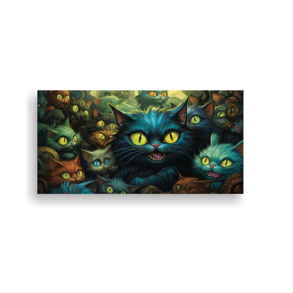 Cuadro gato negro de ojos amarillos entre multitud de felinos