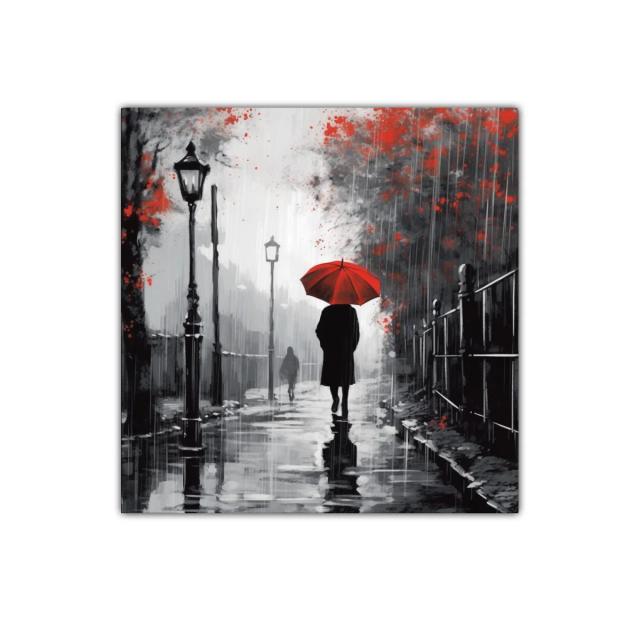 Camino bajo la lluvia con paraguas rojo brillante